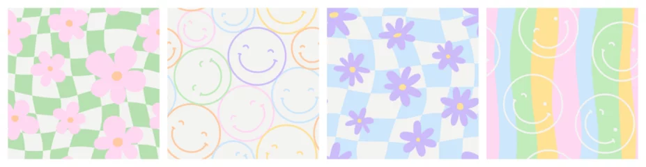 Foto auf Glas Colorful trendy checker board square seamless pattern collection. Set of geometric pastel square flower background in vintage psychedelic y2k style. Includes floral and happy face prints. © Dedraw Studio
