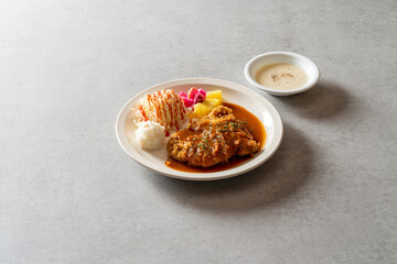 Korean food dish meal Shrimp Alio Olio Egg bacon cream pasta Egg bacon cream Homemade Tonkatsu Homemade Cheese Tonkatsu