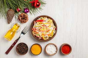 top view fresh chicken salad with seasonings on a white desk snack meat fresh salad meal