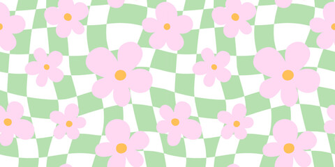 Trendy floral seamless pattern illustration. Vintage 70s style hippie flower background design. Geometric pastel color checkered artwork, y2k nature backdrop with daisy flowers.
