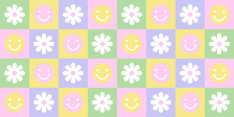 Colorful retro floral seamless pattern illustration with happy faces. Vintage pastel color flower background in psychedelic y2k style. 