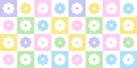Trendy floral seamless pattern illustration. Vintage 70s style hippie flower background design. Geometric pastel color checkered artwork, y2k nature backdrop with daisy flowers.