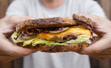 View of a man holding a sandwich made with bread, grilled chicken, lettuce, sliced cabbage, cucumber and cheddar cheese.