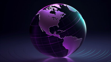Glossy 3D globe on dark background. World illustration of North America. Blue marble. Purple emissive lighting.