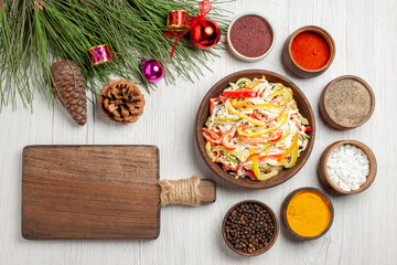 top view fresh chicken salad with seasonings on white desk snack meal meat fresh salad