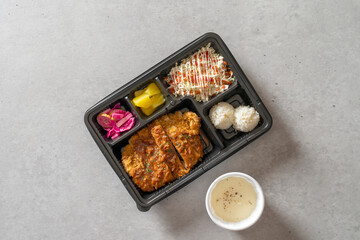 Korean food dish meal Lunch box kimchi fried rice Omurice Sori Garlic Bacon Fried Rice Tonkatsu