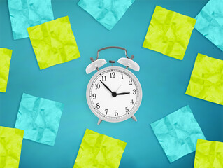 White alarm clock with empty green and blue note paper stickers. Time management, priorities,...