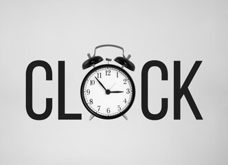 Clock word with letter O as alarm clock on white background
