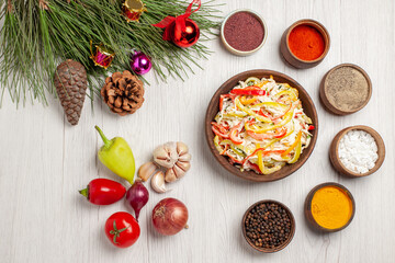 top view fresh chicken salad with seasonings on white floor snack meal meat fresh salad