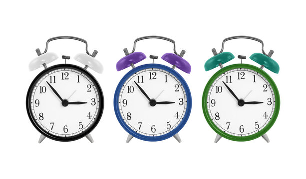 Set of alarm clocks with different colors isolated on white background