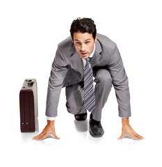 Portrait, start or businessman in a race by a briefcase for in competition for a corporate career...