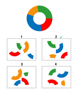 IQ abstract reasoning colorful test with four one main pie chart and four pie chart parts sets