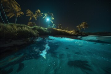 beach luminous blue tree tropical night sky ocean vacation palm paradise. Generative AI.