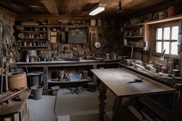 an old garage, repurposed into a workshop and filled with tools and supplies, created with generative ai
