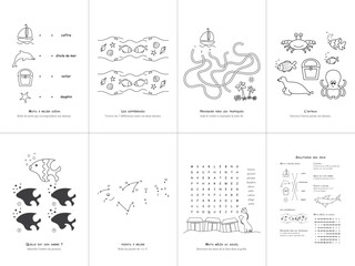 Set of seven games on the theme of the sea. Game and coloring page for kids. French language. Vector illustration. Set No. 3.
