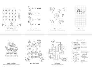 Set of seven games on the theme of the sea. Game and coloring page for kids. French language. Vector illustration. Set No. 2.
