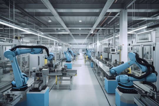 a factory floor, where robotic arms and other autonomous machines work in tandem to produce high-quality products, created with generative ai