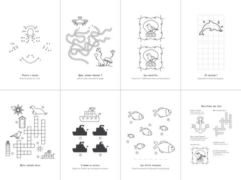 Set of seven games on the theme of the sea. Game and coloring page for kids. French language. Vector illustration. Set No. 1.