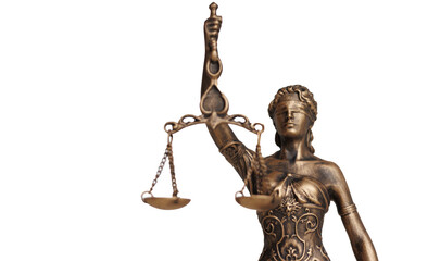 symbol of justice is statuette of Themis with closed eyes, scales and sword in her hands on...
