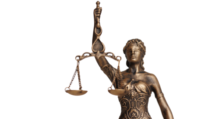 symbol of justice is statuette of Themis with closed eyes, scales and sword in her hands on transparent background. attorney law company or education in judicial system. law prosecution appe
