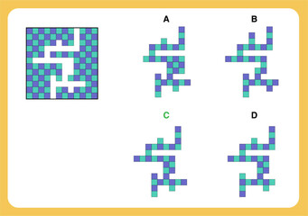 IQ abstract reasoning test question with one main object where elements missing and four options on the right side. Option C is the correct answer.
