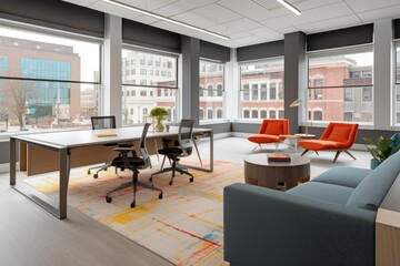 Fototapeta na wymiar spacious and modern office with large windows, sleek furniture, and trendy pops of color, created with generative ai