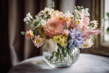 a bouquet of pastel flowers in a clear vase, created with generative ai