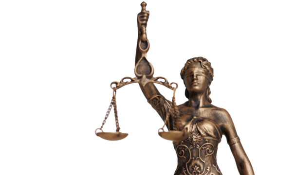 symbol of justice is statuette of Themis with closed eyes, scales and sword in her hands on transparent background. attorney law company or education in judicial system. law prosecution appe - Powered by Adobe