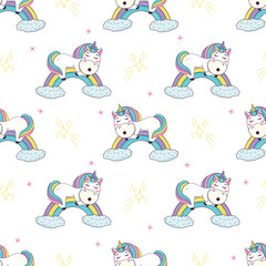 Seamless pattern with cute kawaii unicorn with rainbow mane and horn in anime style sleeping