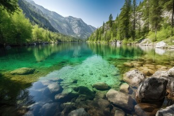 Fototapeta premium crystal-clear lake surrounded by mountains and greenery, created with generative ai