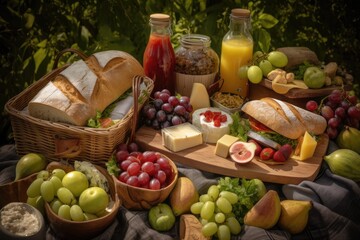 picnic basket overflowing with foods, including sandwiches, fruits, and drinks, created with generative ai