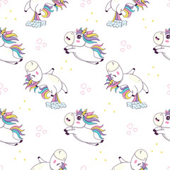 Seamless pattern with cute kawaii unicorn with rainbow mane and horn in anime style jumping and farting