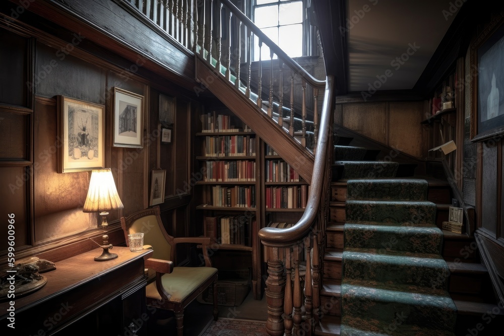 Sticker staircase in library, leading to the second floor with books and reading lamps visible, created with generative ai