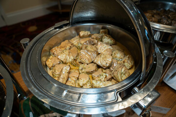 delicious creamy swordfish chunks ready to be served by caterer