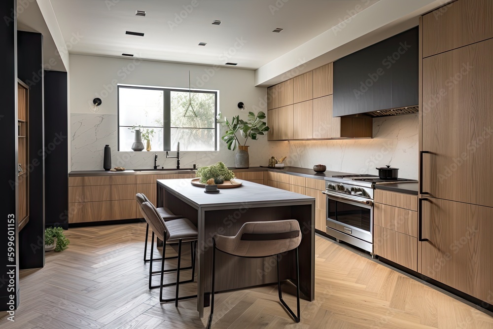 Sticker minimalist kitchen with sleek cabinetry and stainless steel appliances, created with generative ai