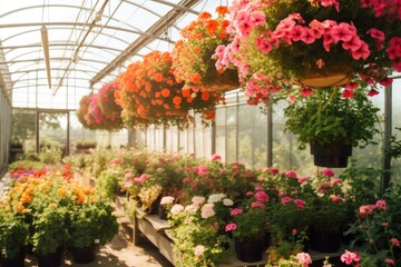 Fototapeta na wymiar a greenhouse with hanging baskets of beautiful flowers, created with generative ai