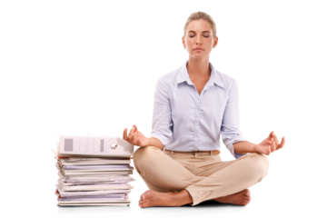 Yoga, meditation and businesswoman with paperwork, lotus pose for anxiety and stress management. Zen, mindfulness and woman isolated on transparent png background sitting to meditate at work deadline