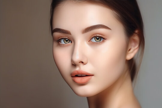 Beautiful young attractive fictional woman with clean fresh skin on dark background, Girl beauty face care, Caucasian Model, Closeup of skin, hair and eyes, Generative AI