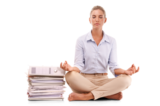 Yoga, meditation and businesswoman with paperwork, lotus pose for anxiety and stress management. Zen, mindfulness and woman isolated on transparent png background sitting to meditate at work deadline - Powered by Adobe