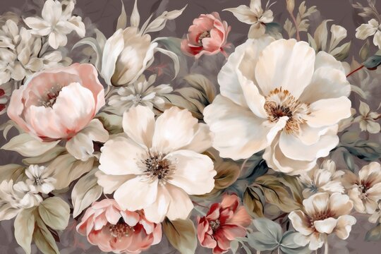 seamless background leaf illustration texture wallpaper watercolor delicate flower peony design. Generative AI.