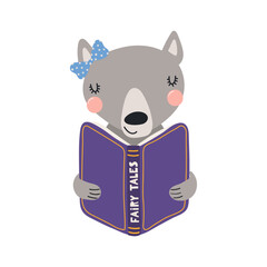 Cute funny wolf reading book cartoon character illustration. Hand drawn Scandinavian style flat design, isolated vector. Kids print element, book lover, education, literature, library, bookstore