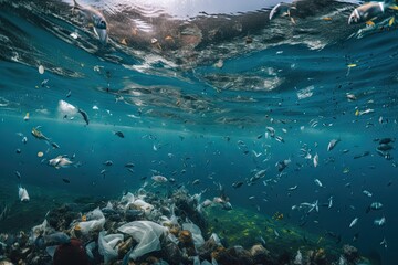 Fototapeta na wymiar microplastic pollution in the ocean, with fish and plankton swimming among the plastic, created with generative ai