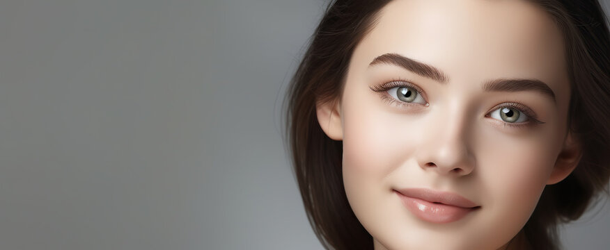 Young woman with fresh skin on clean background, Generative AI