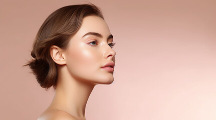 Fototapeta premium Profile of young woman with brown hair on light pink background., Generative AI