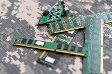 military uniform and microcircuits, green camouflage