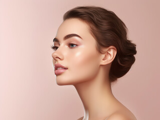 Profile of beautiful woman on pink background., Generative AI