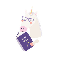 Cute funny unicorn reading book cartoon character illustration. Hand drawn Scandinavian style flat design, isolated vector. Kids print element, book lover, education, literature, library, bookstore