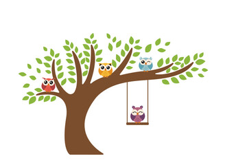 cute owls on huge tree with green leaves. Nursery wall decal stickers. Vector illustration for designs, prints and patterns. Isolated on white background