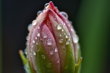 macro shot of flower bud with dewdrop on the petal, created with generative ai