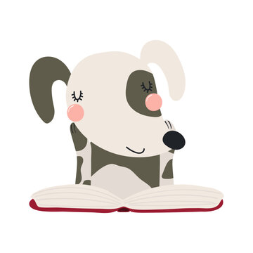 Cute funny dog reading book cartoon character illustration. Hand drawn Scandinavian style flat design, isolated vector. Kids print element, book lover, education, literature, library, bookstore